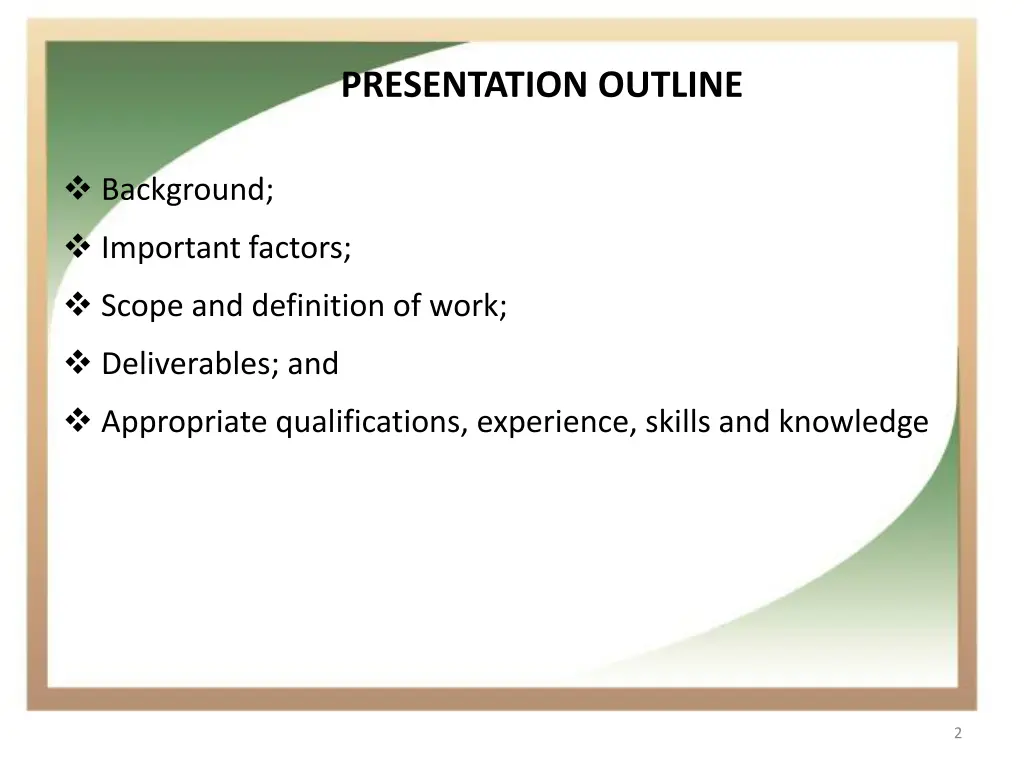 presentation outline