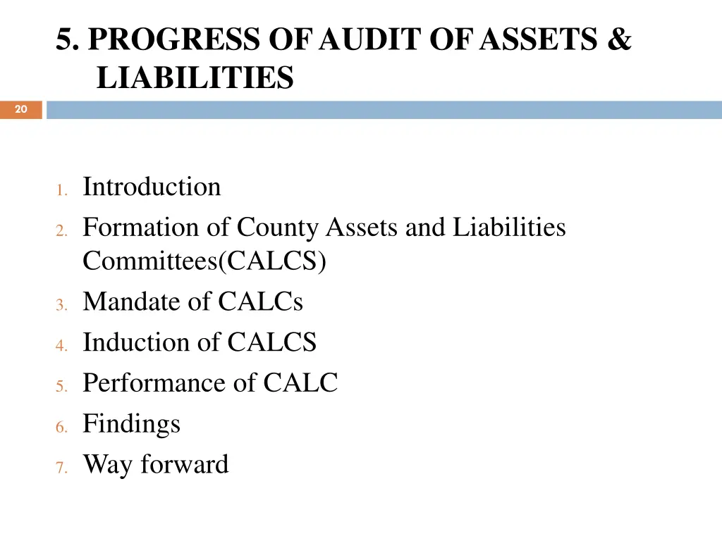 5 progress of audit of assets liabilities