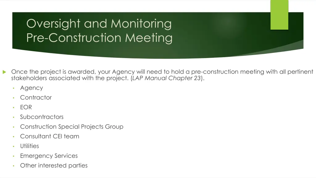 oversight and monitoring pre construction meeting