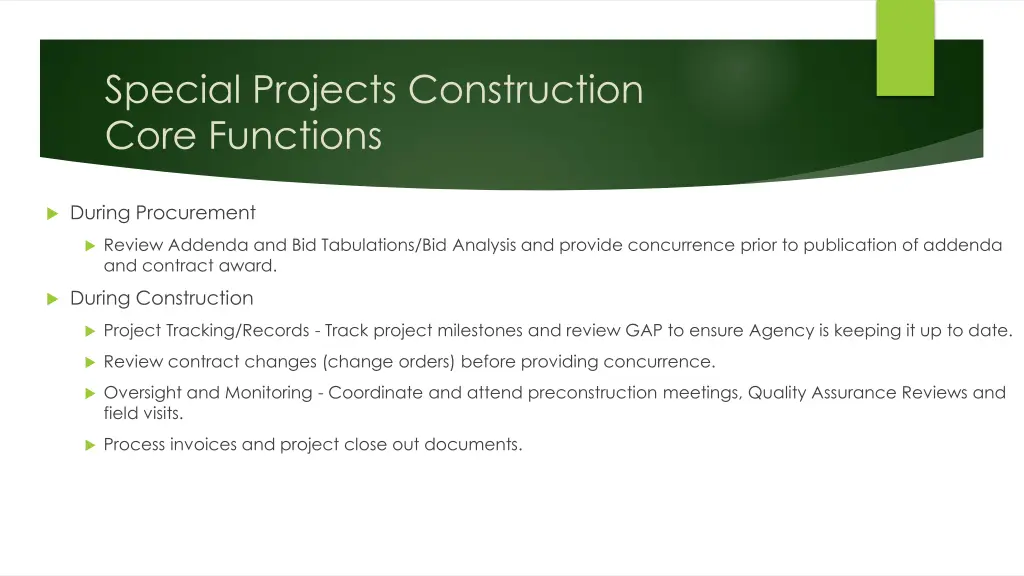 special projects construction core functions