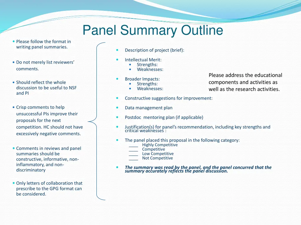 panel summary outline