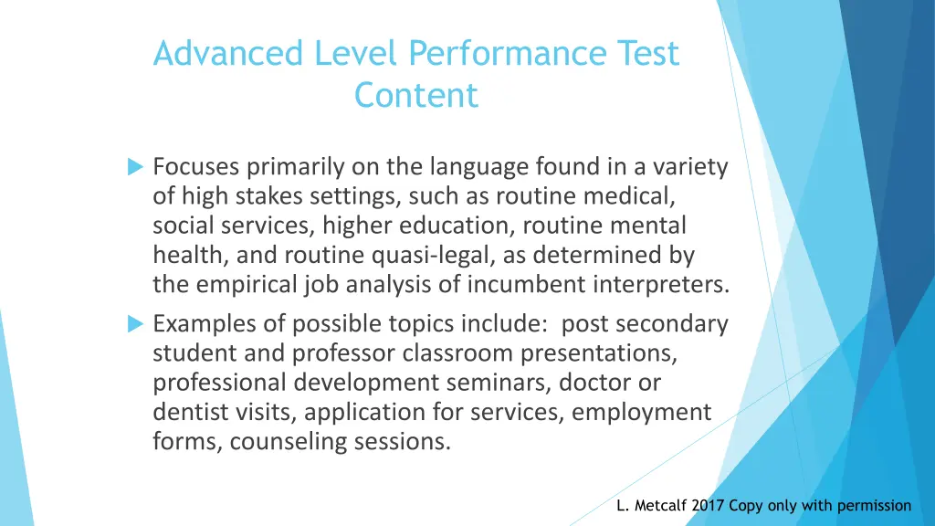 advanced level performance test content