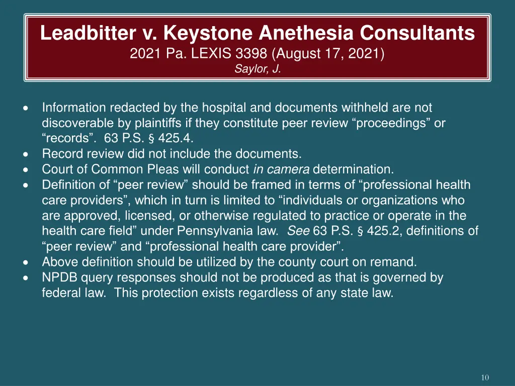 leadbitter v keystone anethesia consultants 2021