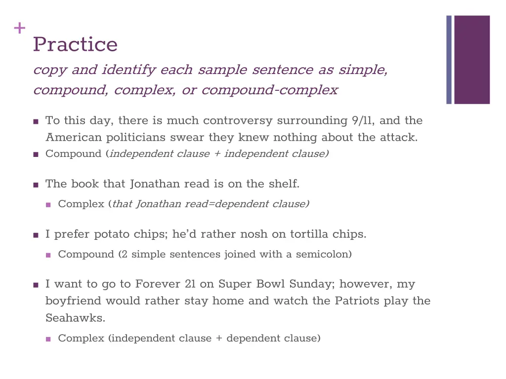 practice copy and identify each sample sentence