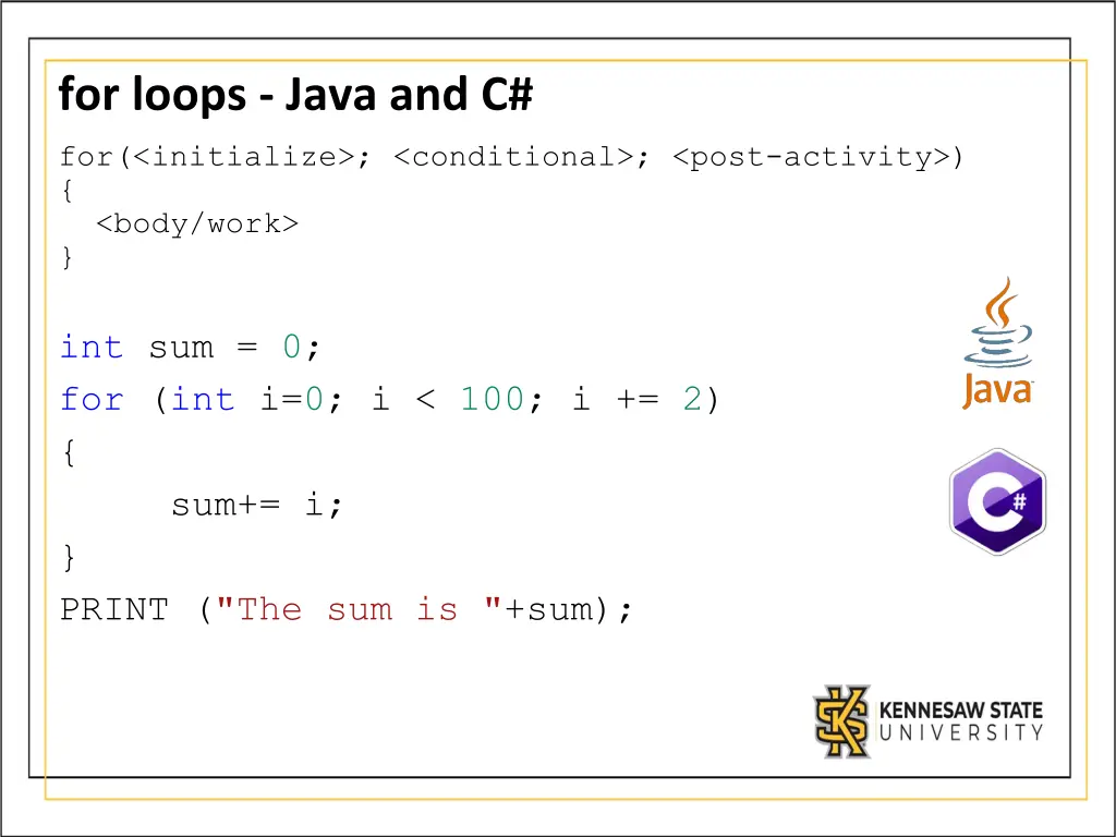 for loops java and c