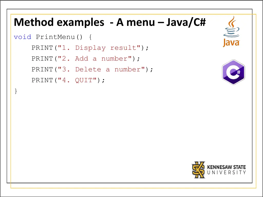 method examples a menu java c