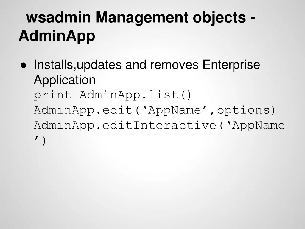 wsadmin management objects adminapp