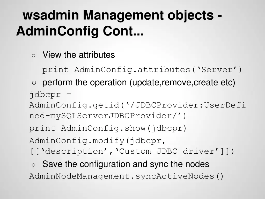 wsadmin management objects adminconfig cont