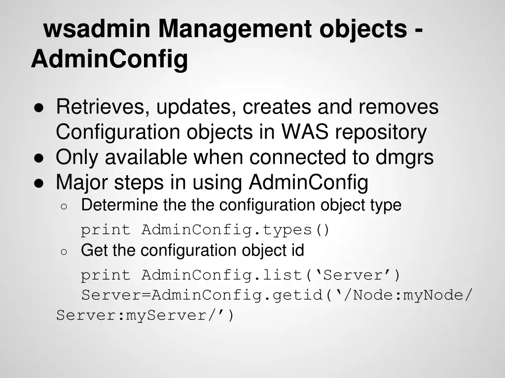 wsadmin management objects adminconfig