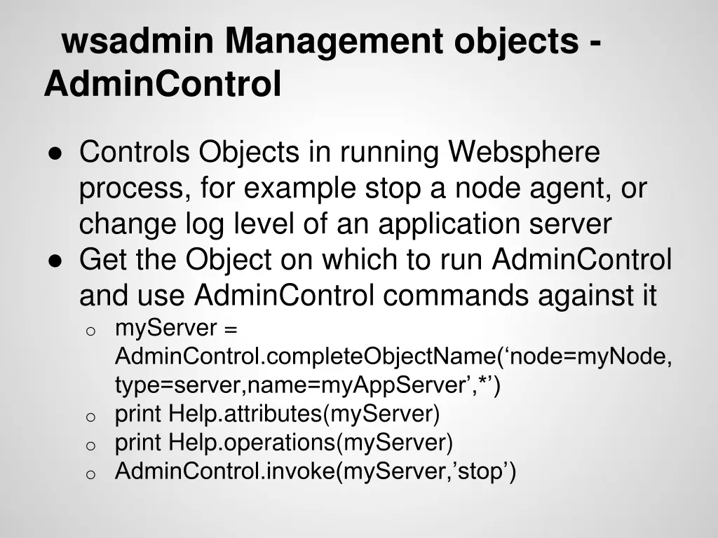 wsadmin management objects admincontrol