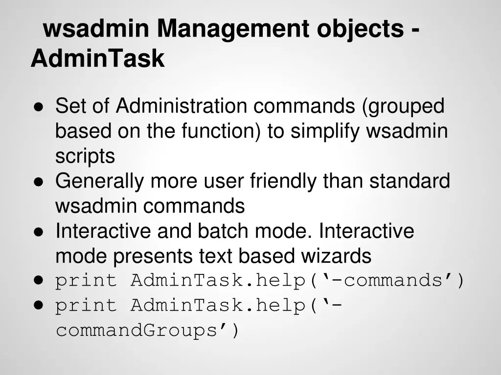 wsadmin management objects admintask