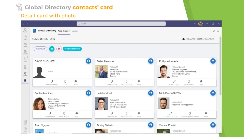 global directory contacts card detail card with