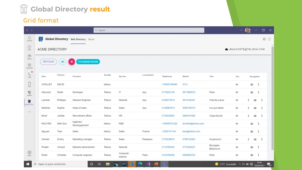 global directory result grid format