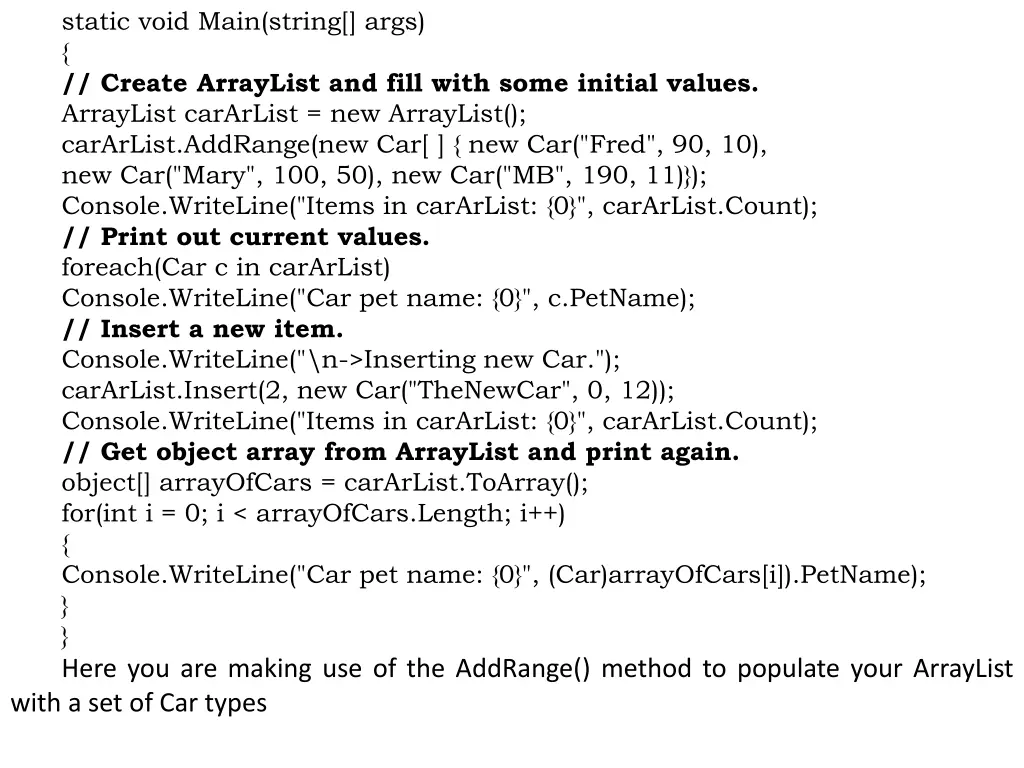 static void main string args create arraylist