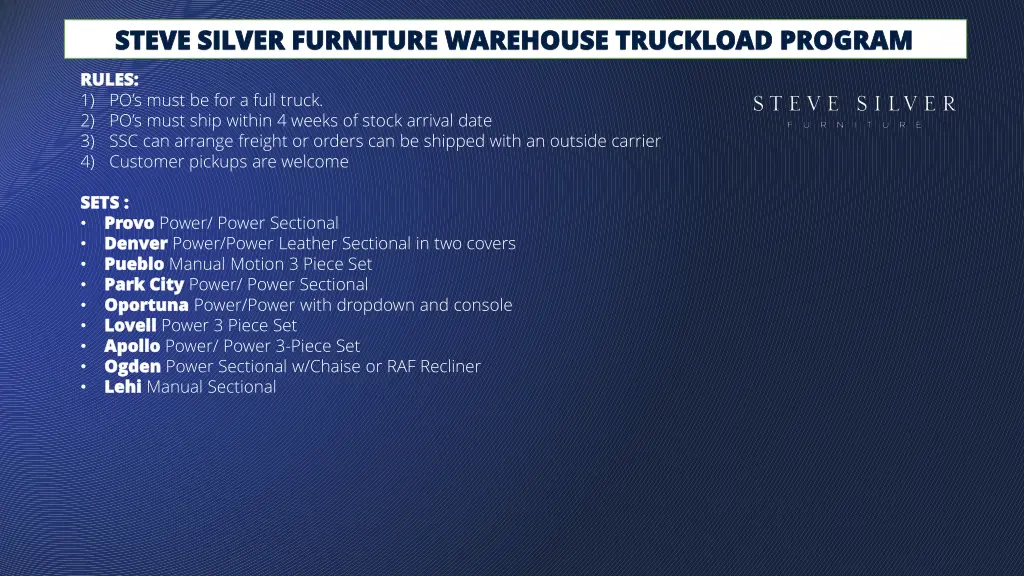 steve silver furniture warehouse truckload