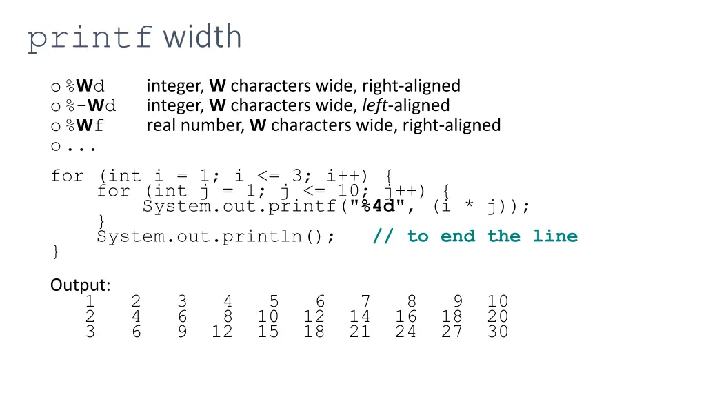 printf width