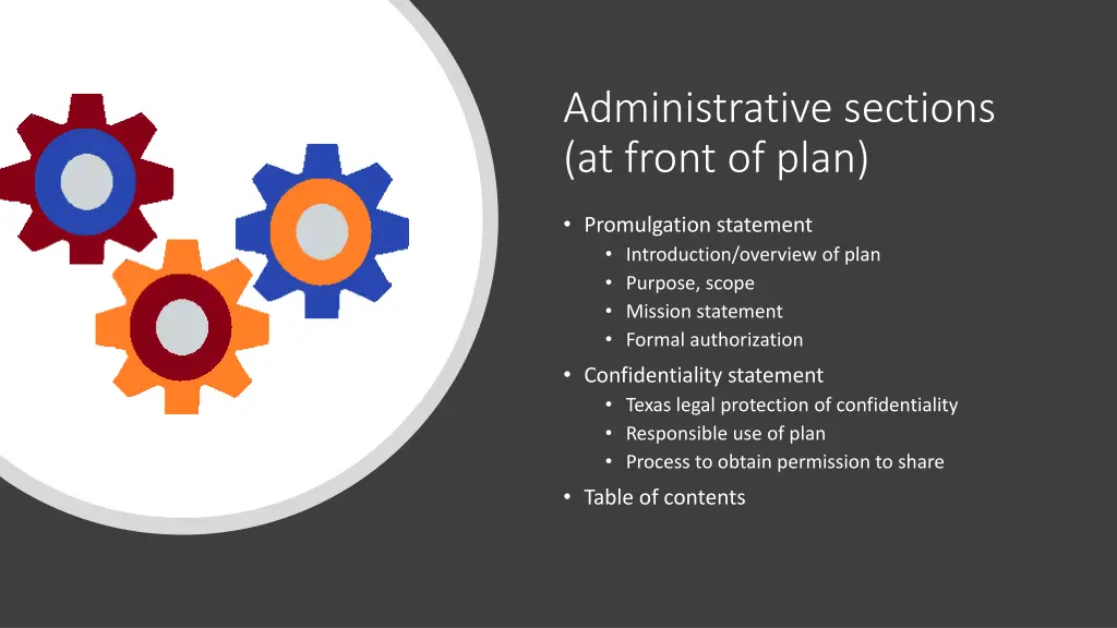 administrative sections at front of plan