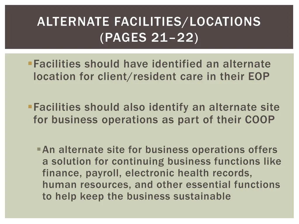 alternate facilities locations pages 21 22