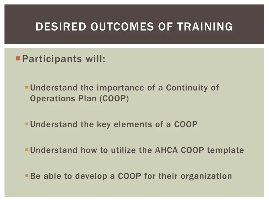 desired outcomes of training