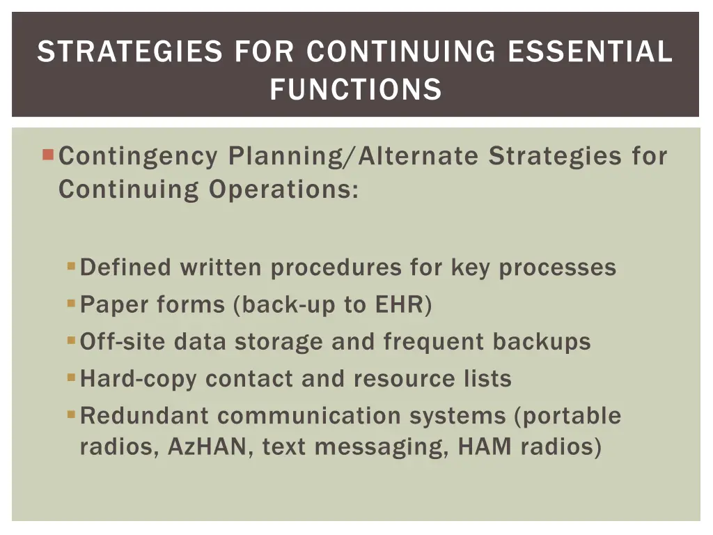 strategies for continuing essential functions