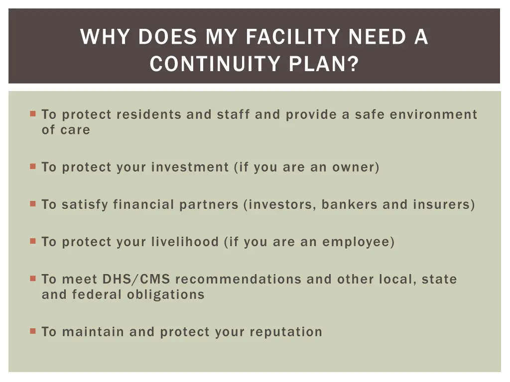 why does my facility need a continuity plan 1