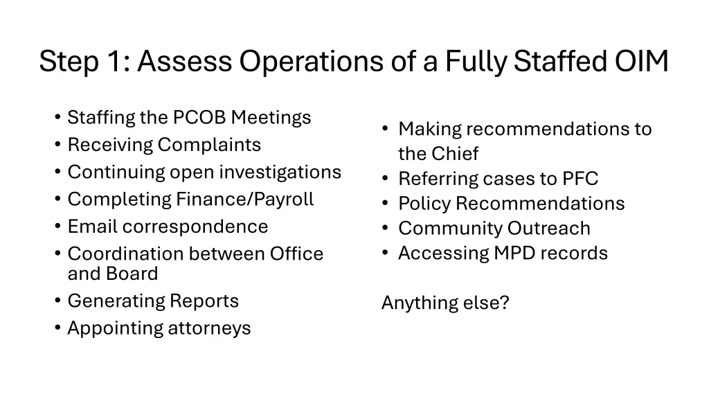 step 1 assess operations of a fully staffed oim