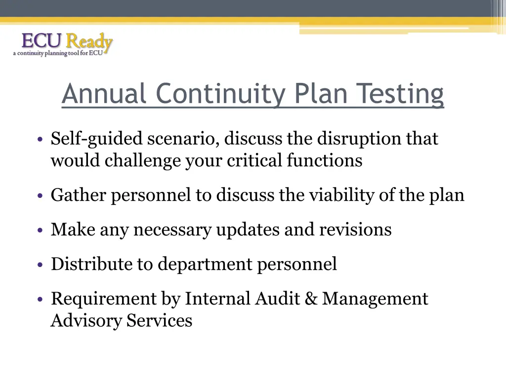 annual continuity plan testing