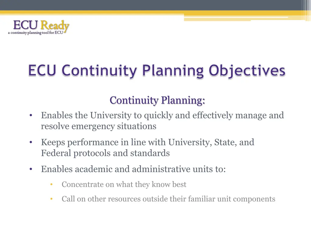 ecu continuity planning objectives