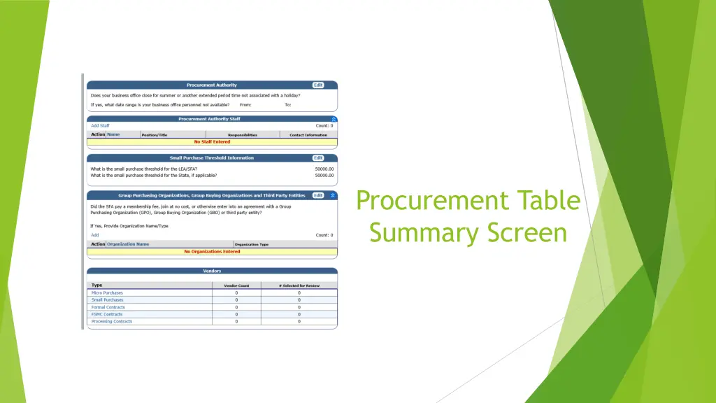 procurement table summary screen