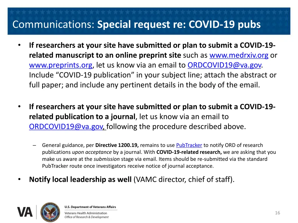 communications special request re covid 19 pubs