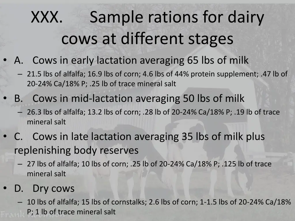 sample rations for dairy cows at different stages