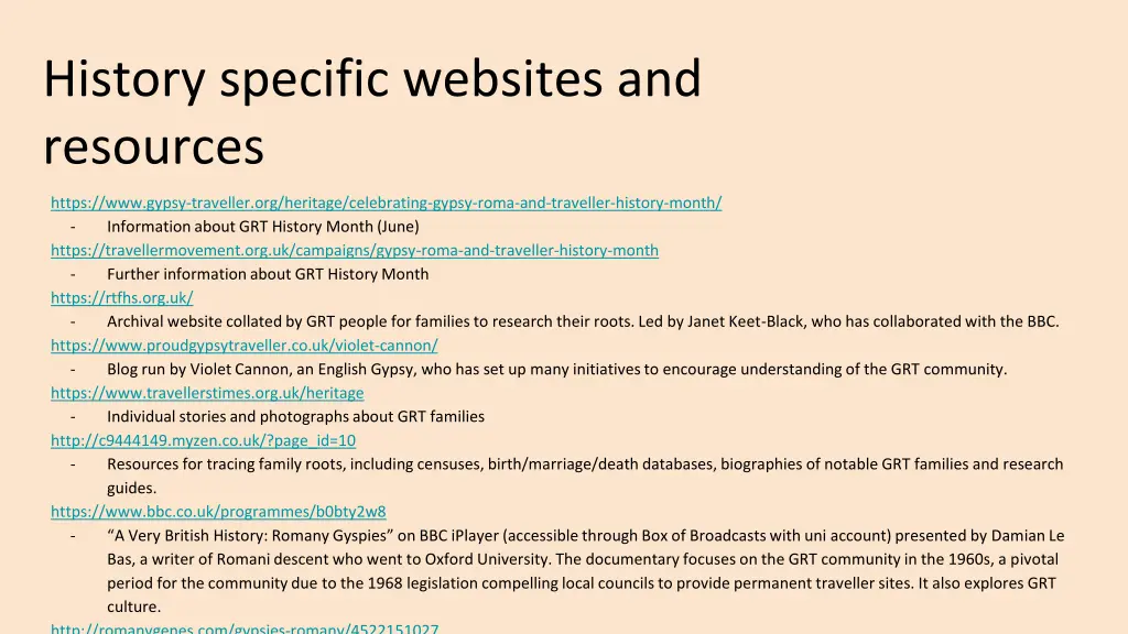 history specific websites and resources