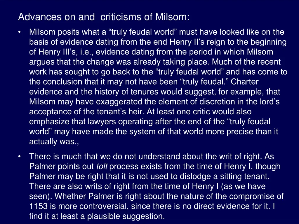 advances on and criticisms of milsom