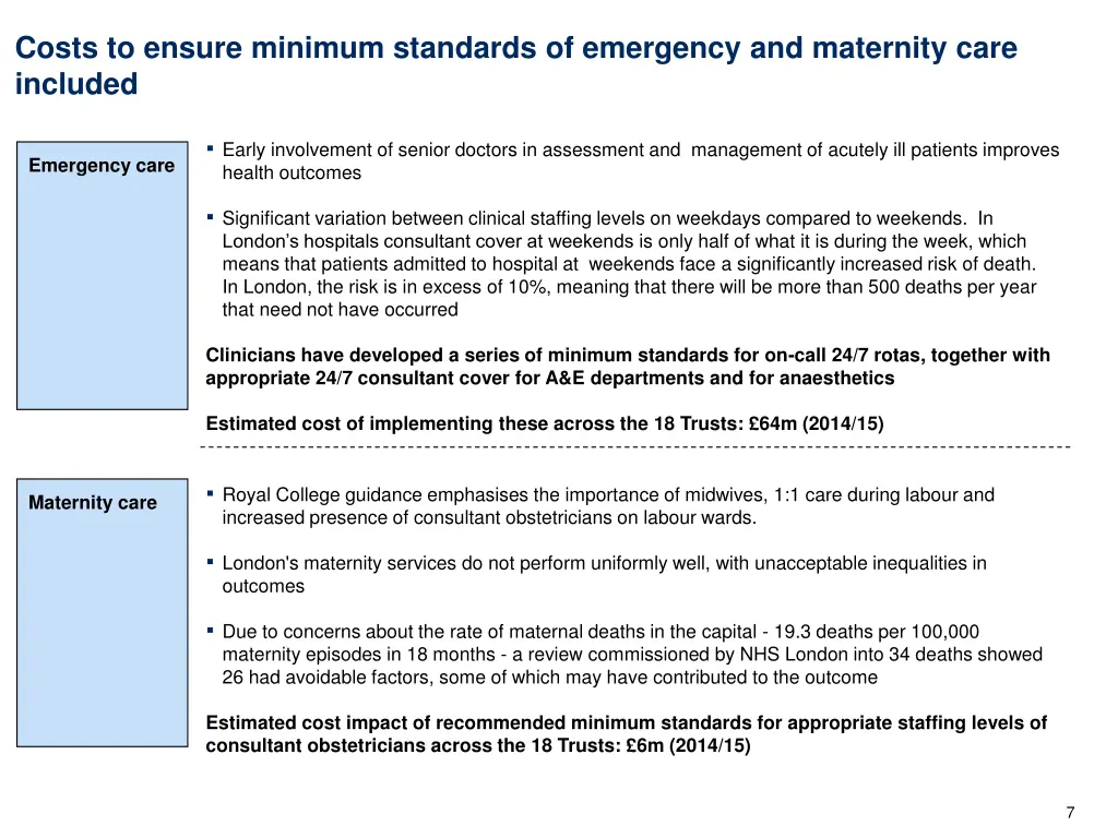 costs to ensure minimum standards of emergency