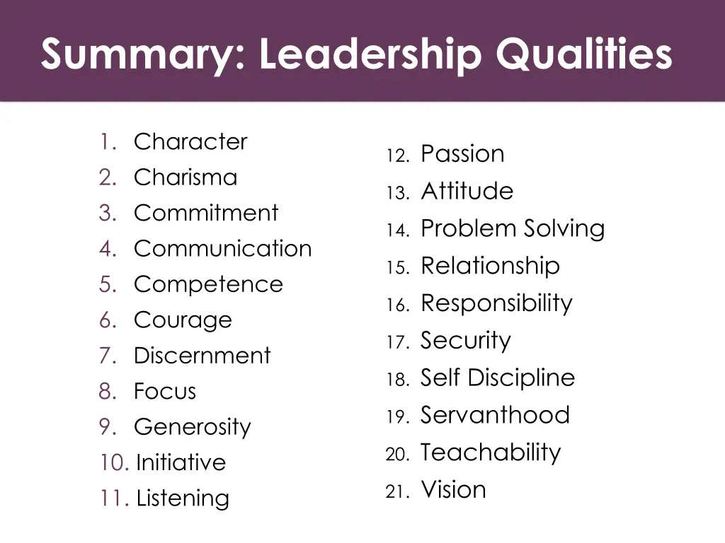 summary leadership qualities