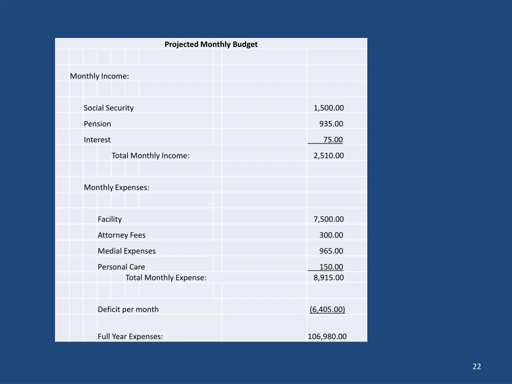 projected monthly budget