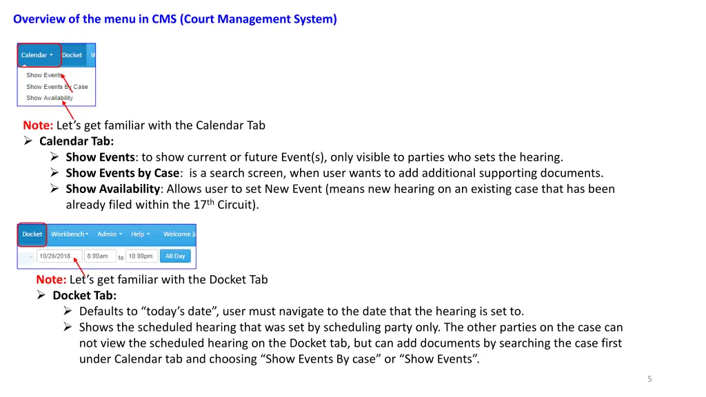 overview of the menu in cms court management 1