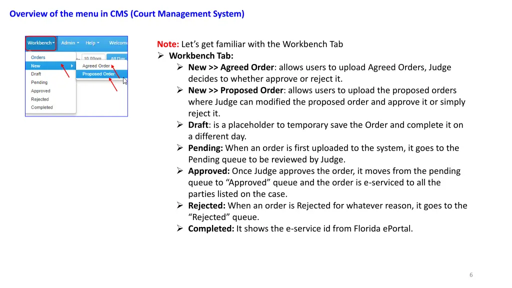 overview of the menu in cms court management 2