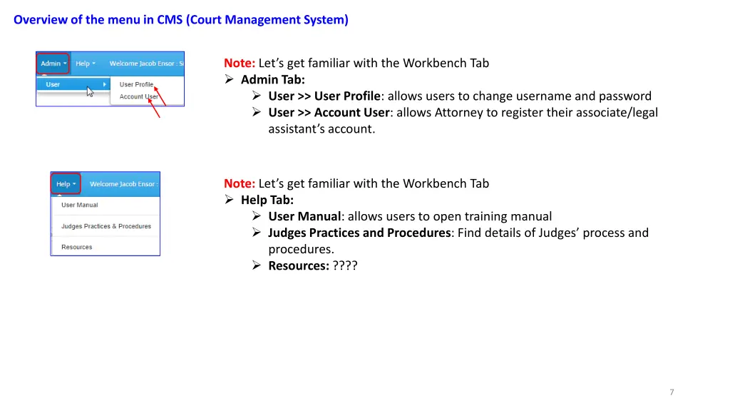 overview of the menu in cms court management 3