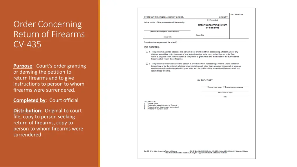 order concerning return of firearms cv 435