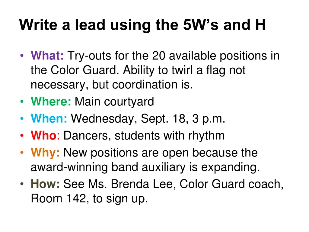 write a lead using the 5w s and h 2