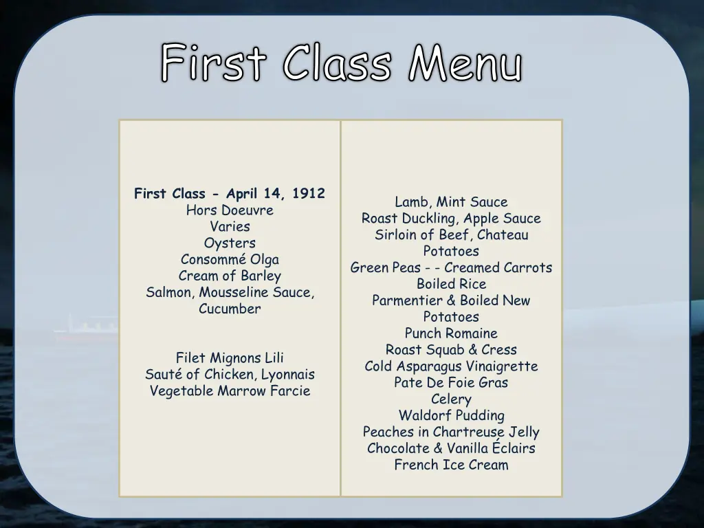 first class menu