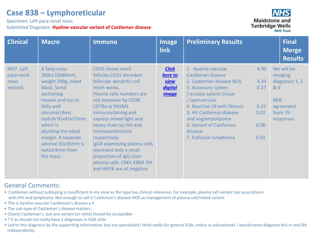 case 838 lymphoreticular specimen left para renal