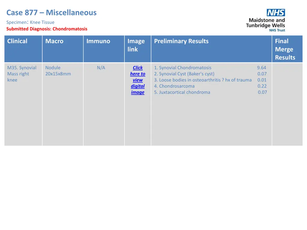 case 877 miscellaneous specimen knee tissue