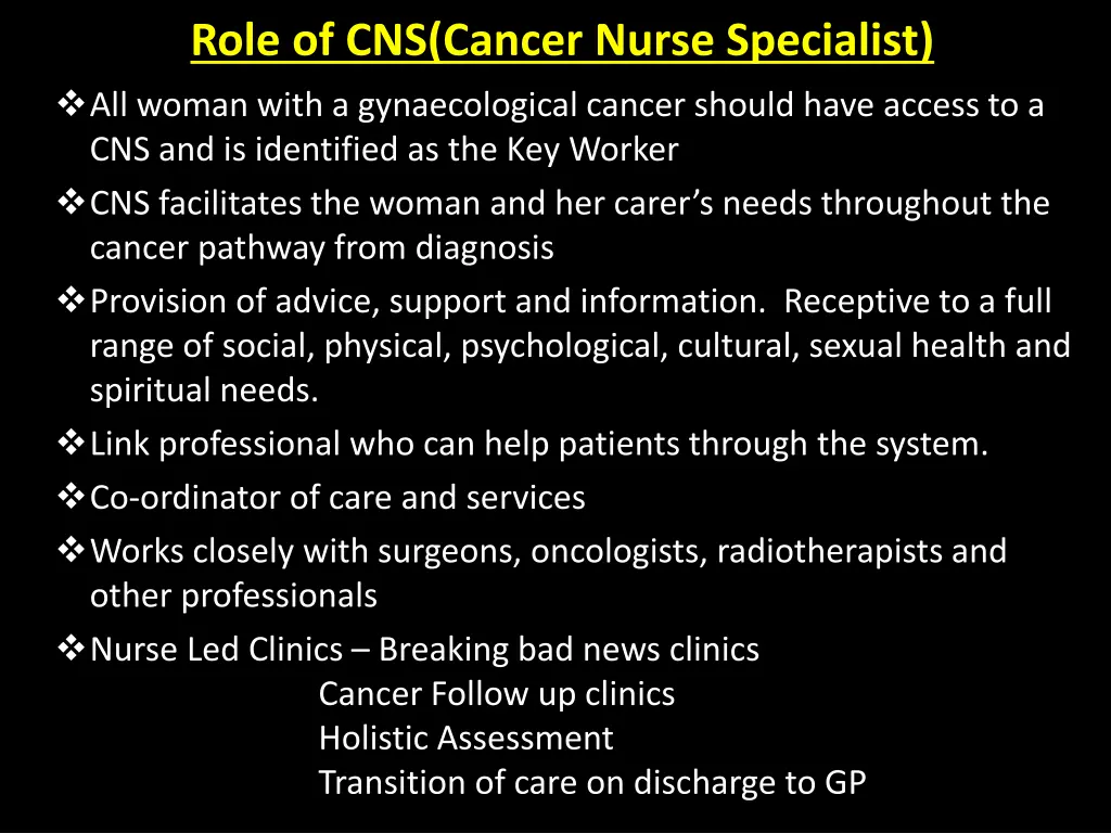 role of cns cancer nurse specialist all woman