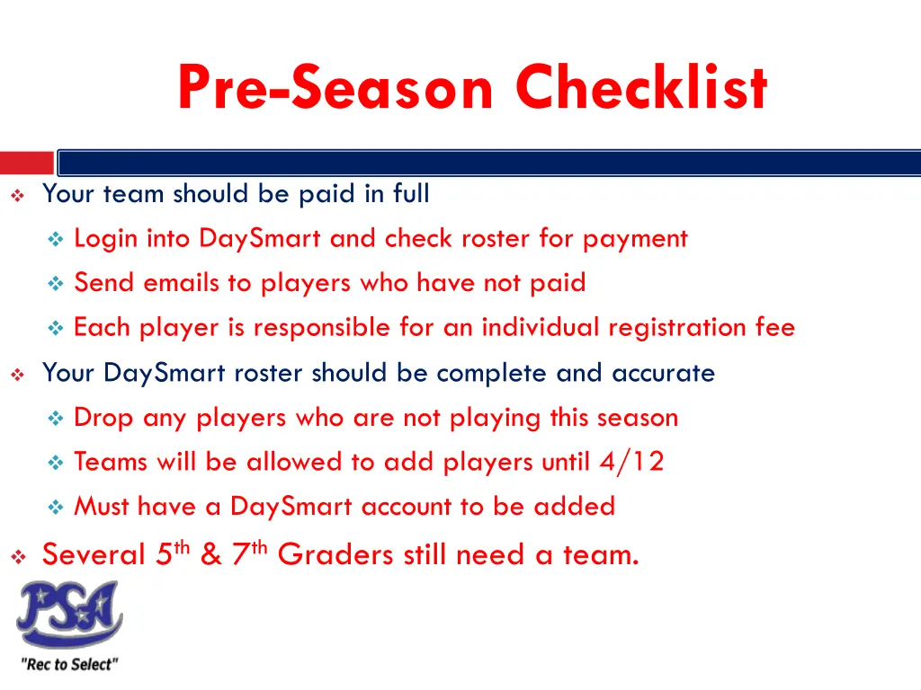 pre season checklist