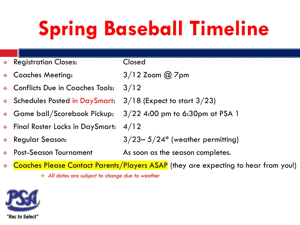 spring baseball timeline