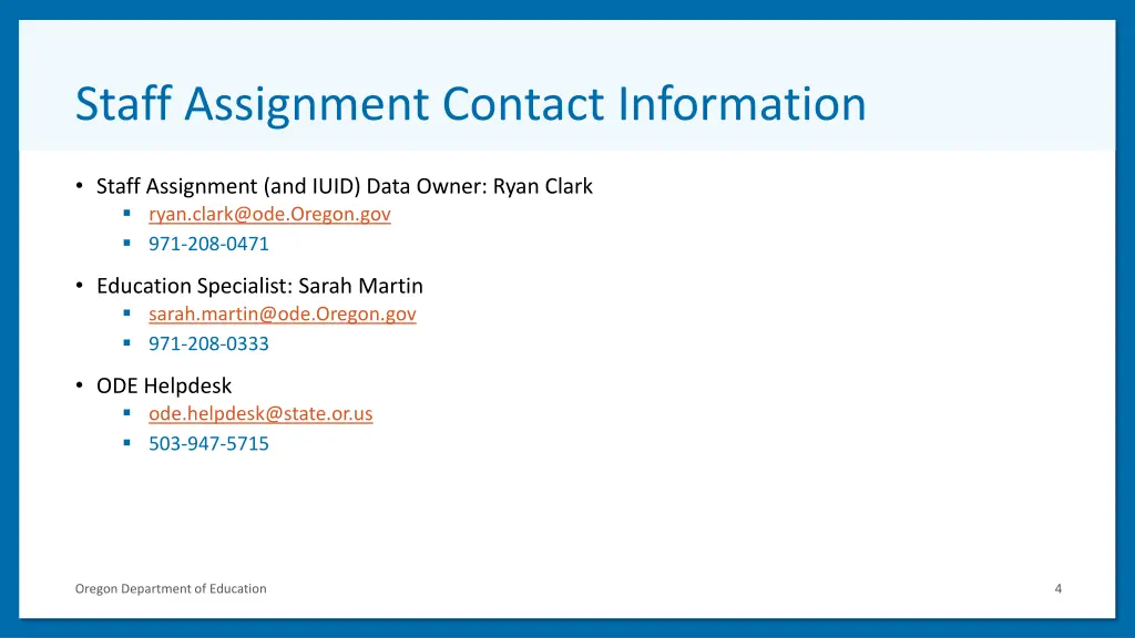 staff assignment contact information