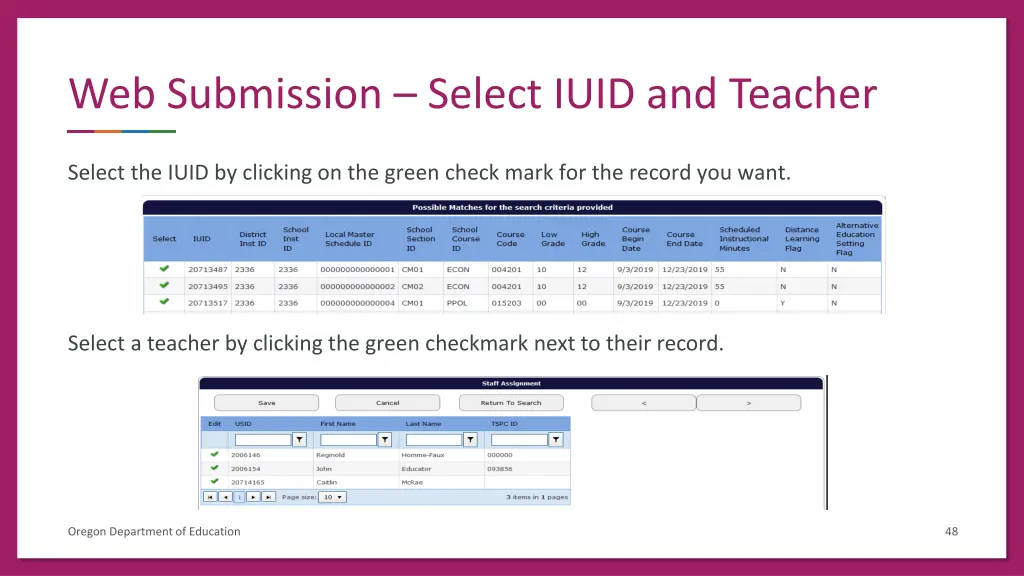 web submission select iuid and teacher