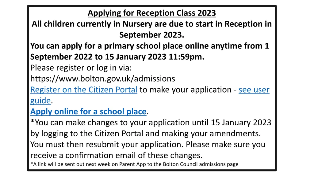 applying for reception class 2023 all children